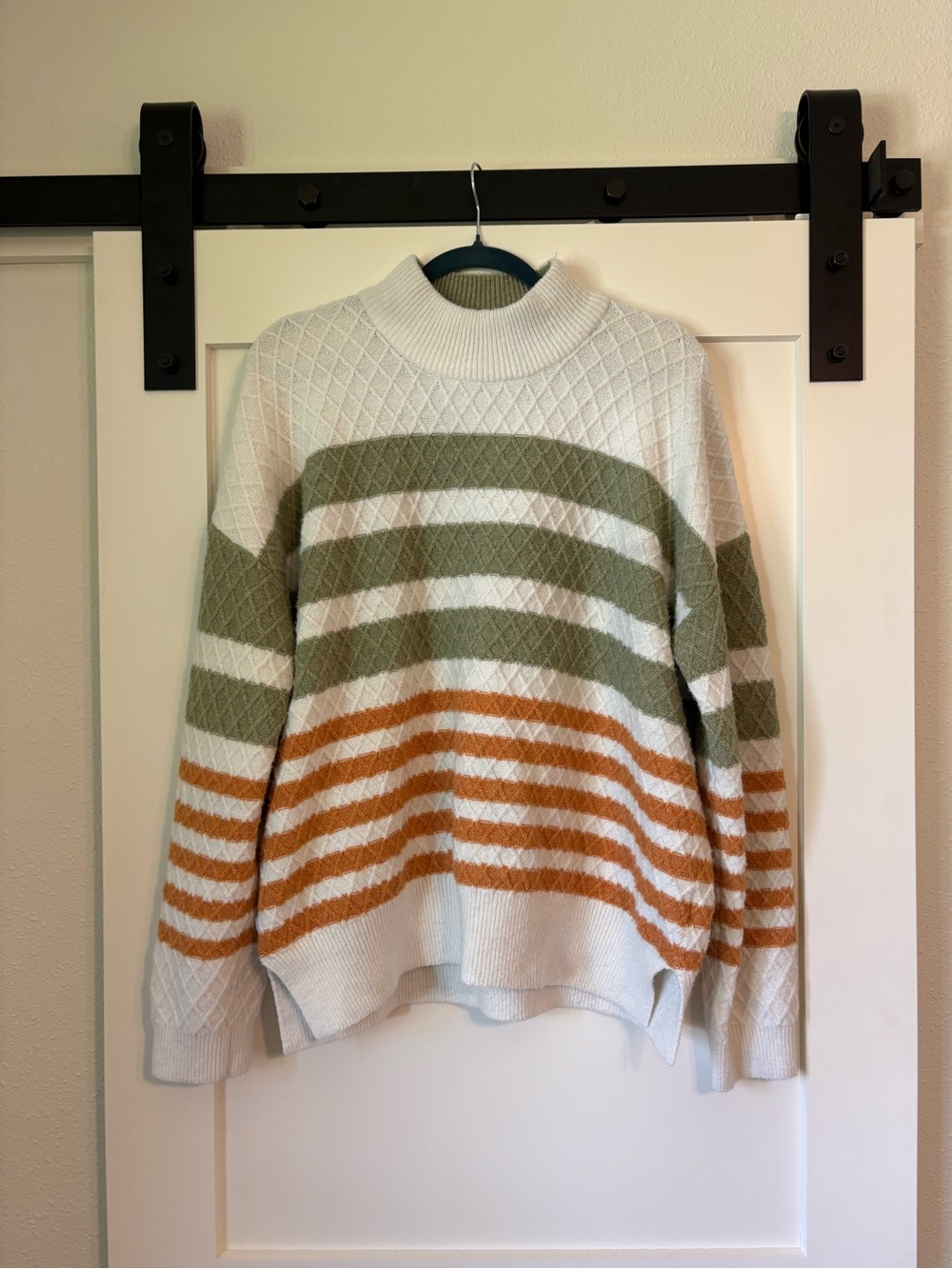 Passenger Striped Mock Neck Sweater in White, Olive & Rust